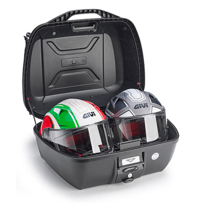 Bauletto Monolock® 43 Litri, Nero, Con Inserto Superiore Verniciato In Color Argento Satinato. Comprensivo Di Piastra E Kit Universale. Dotato Di Rete Elastica Portaoggetti, Schienalino E Tappetino Copri Fondo